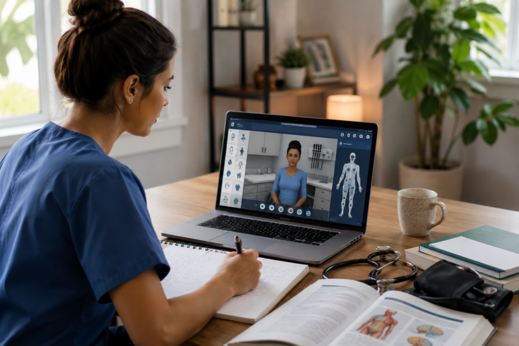 Advanced eClinical Training CCMA reviews showing a medical assistant student completing an online clinical simulation while studying from home.