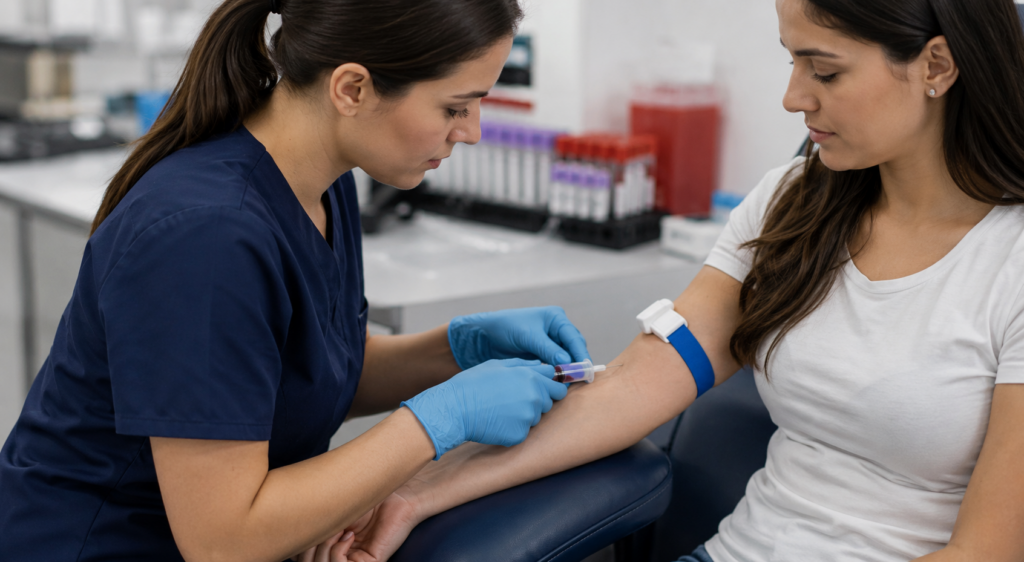How to become a phlebotomist by completing hands-on blood draw training in a clinical setting with a patient and healthcare professional.