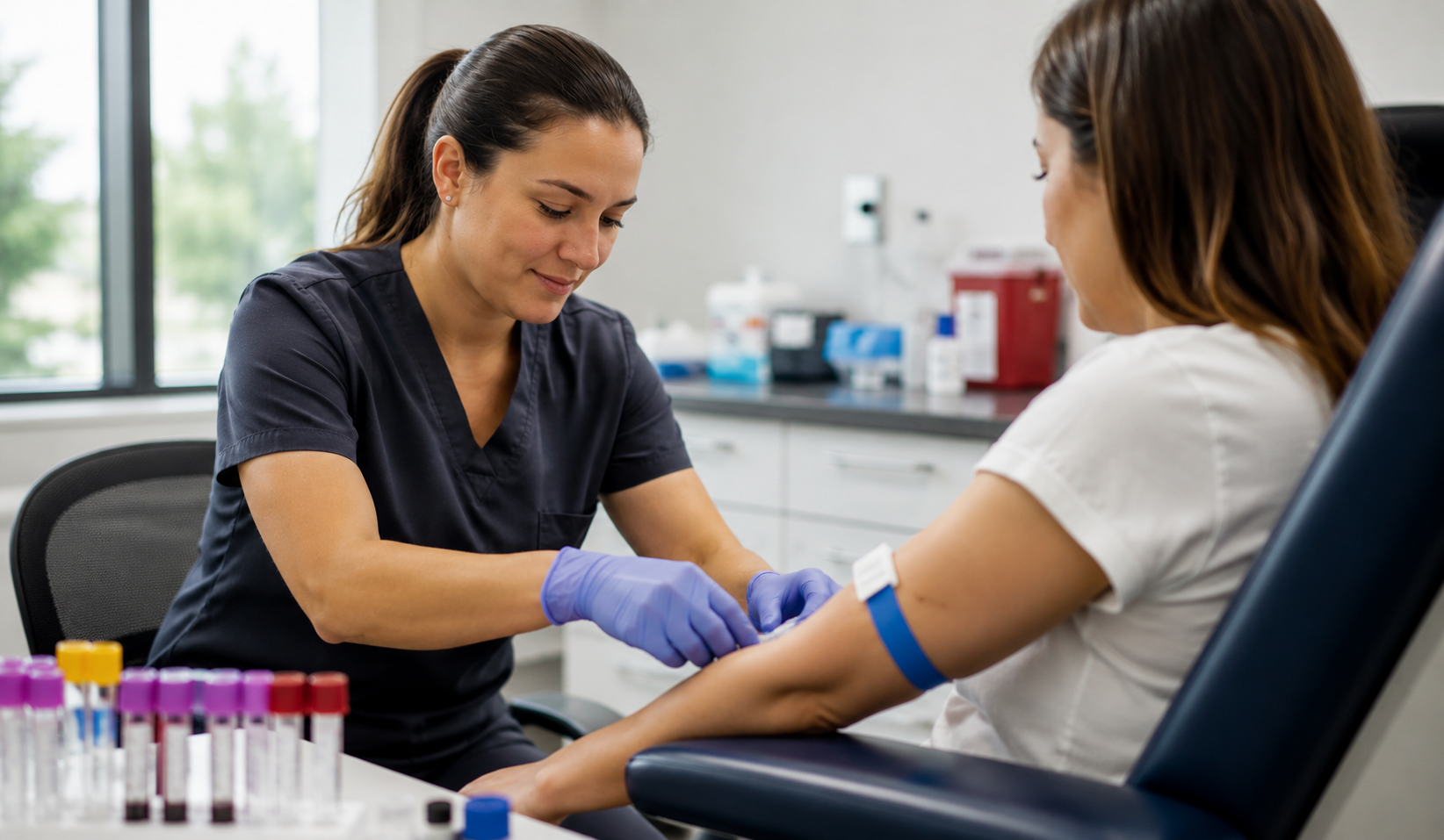 Student completing hands-on clinical training in the best online phlebotomy certification program.
