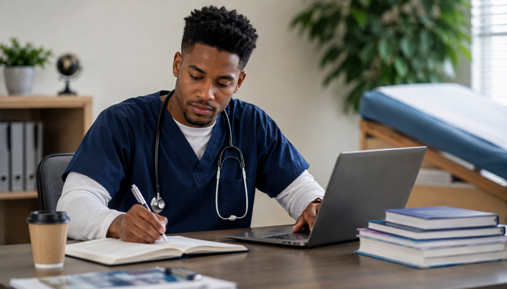 Healthcare credential stacking with a healthcare professional studying online in a modern clinical setting