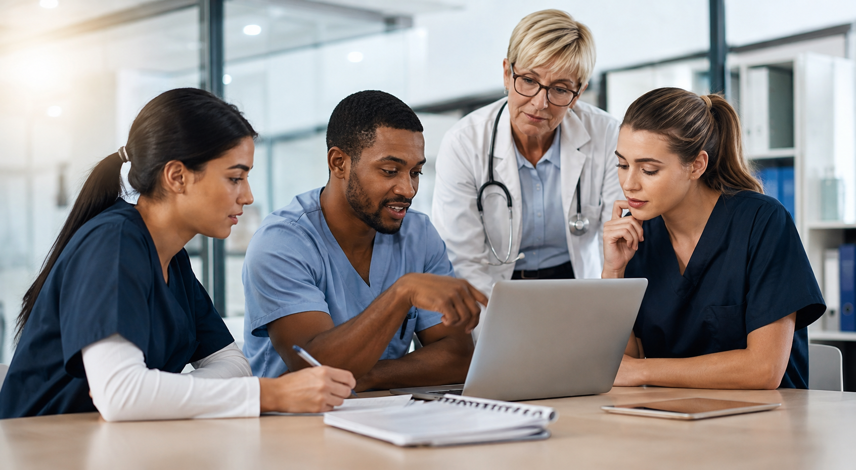 Healthcare professionals participating in healthcare employee upskilling and workforce training in a clinical setting.