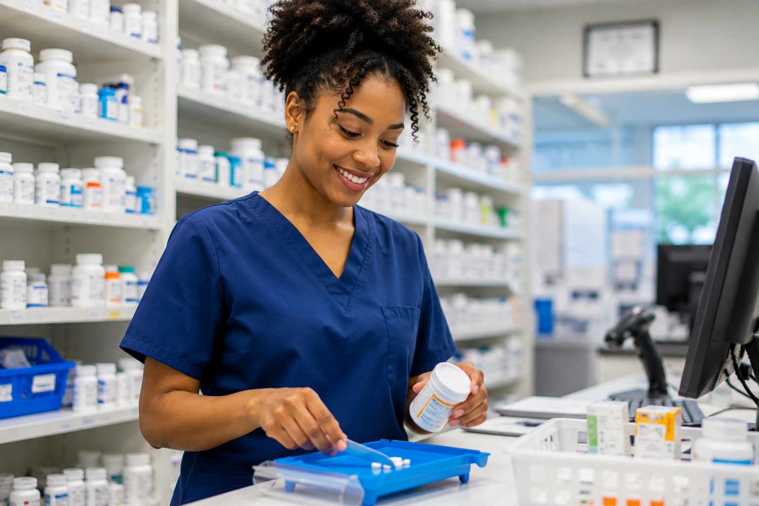 Student in the best online pharmacy technician certification program preparing a prescription in a modern pharmacy.