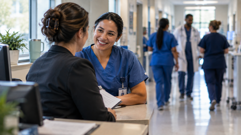 Healthcare recruiter speaking with an allied health professional to reduce time-to-hire in healthcare.