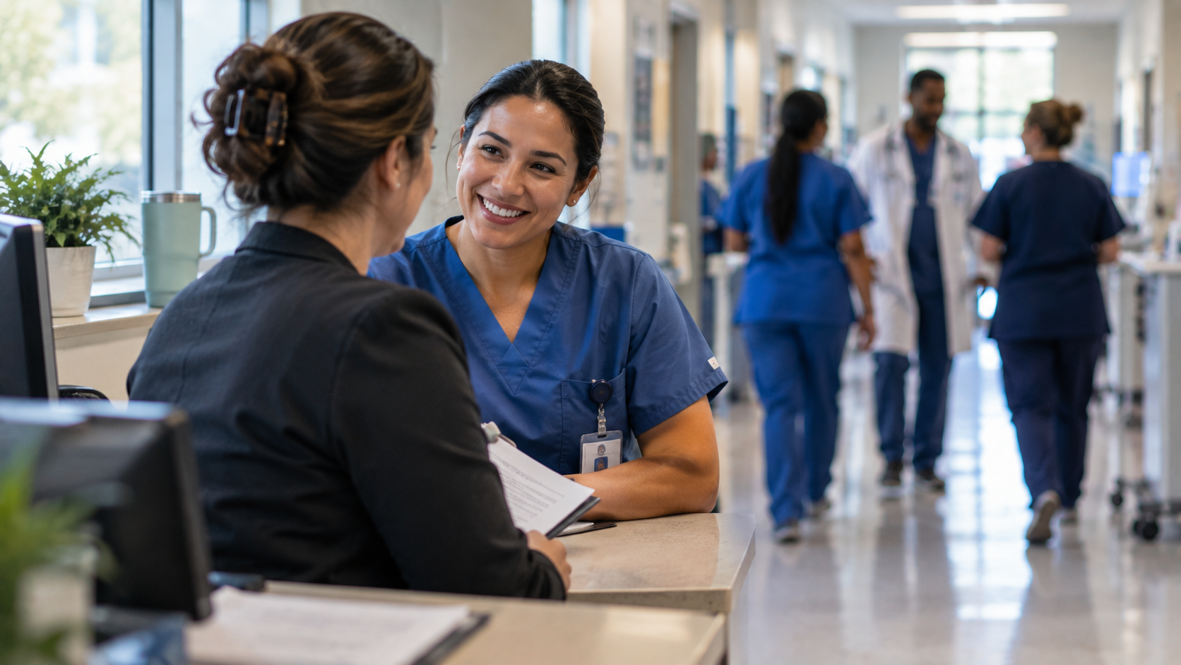 Healthcare recruiter speaking with an allied health professional to reduce time-to-hire in healthcare.