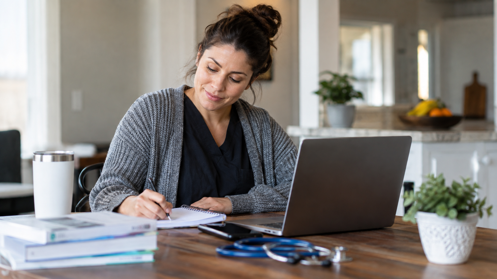 Professional studying online at home while preparing for a healthcare career while working full-time.