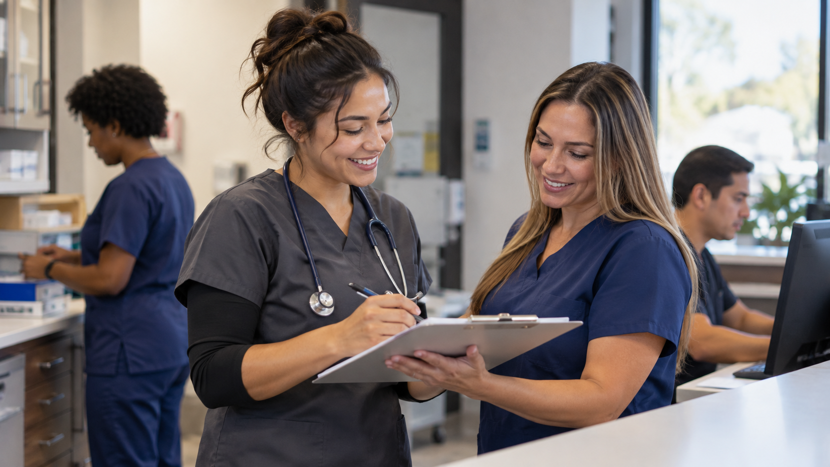 Healthcare professionals in allied health careers without a degree working together in a clinical setting.