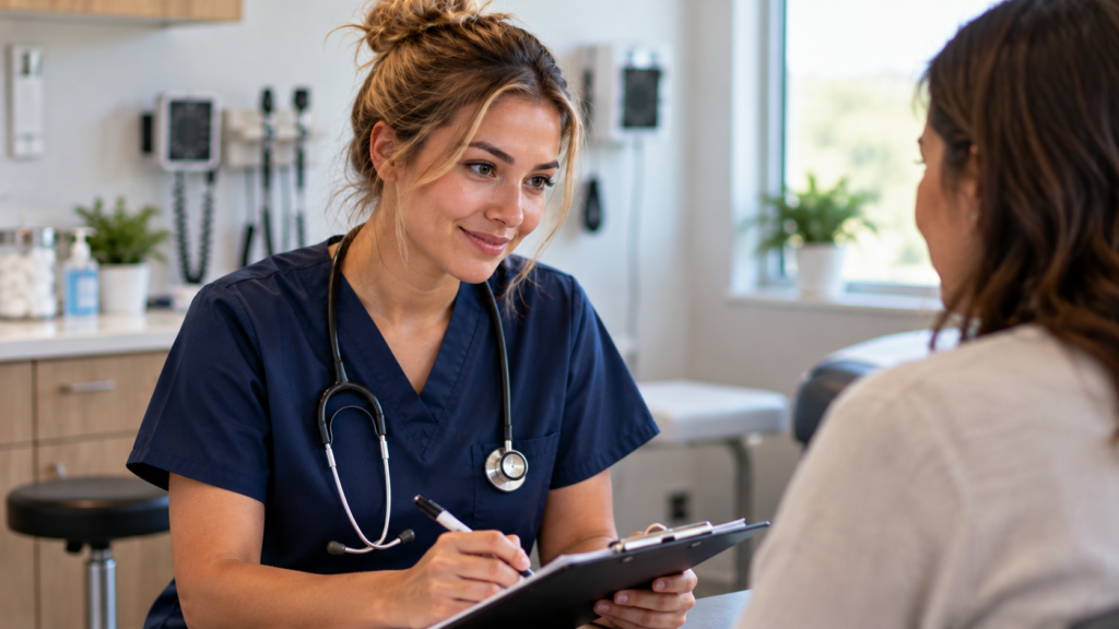 Medical assistant in scrubs speaking with a patient and taking notes in a clinic, representing career opportunities after completing medical assistant online programs.