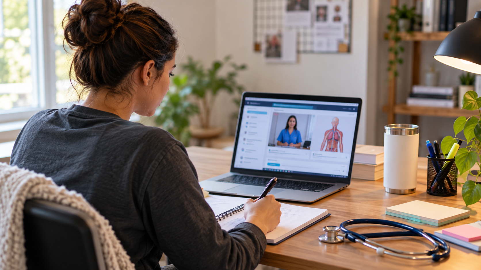 Student taking notes during a virtual medical assistant lesson, illustrating online vs in-person medical assistant training.