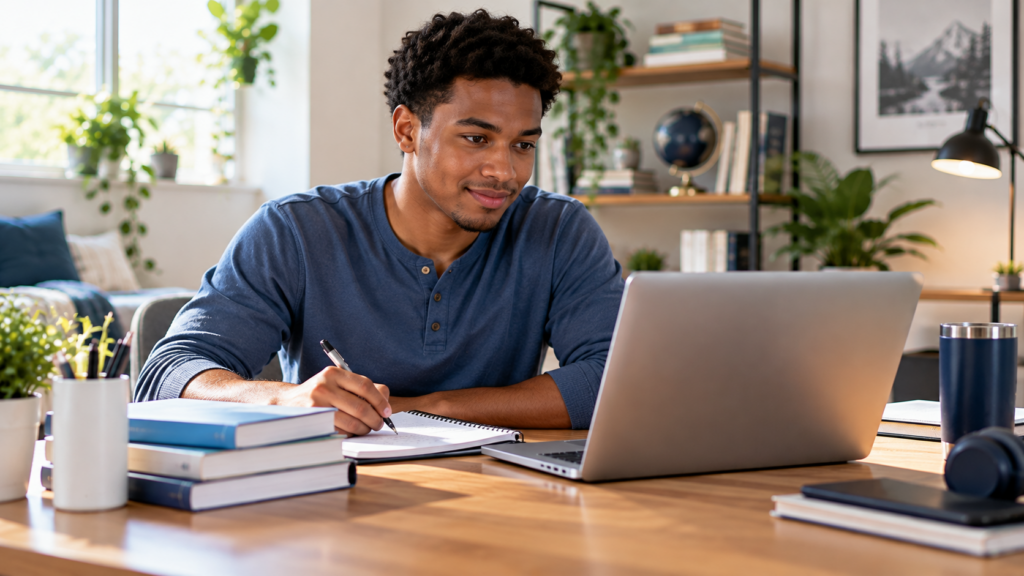 Medical assistant school online student studying on a laptop and taking notes at home.