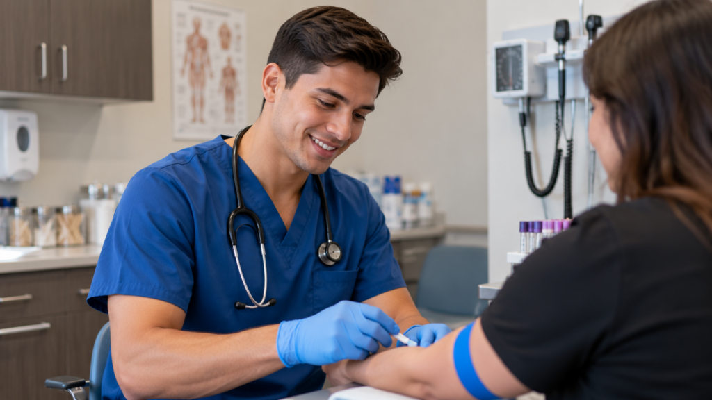 medical assistant drawing blood from a patient in a clinic after completing allied health program training.