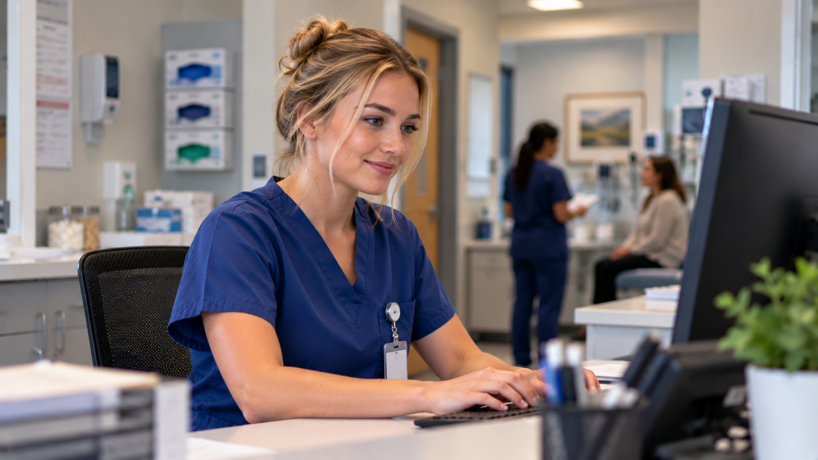 Medical assistant working at a clinic computer after completing a medical assistant certification program.