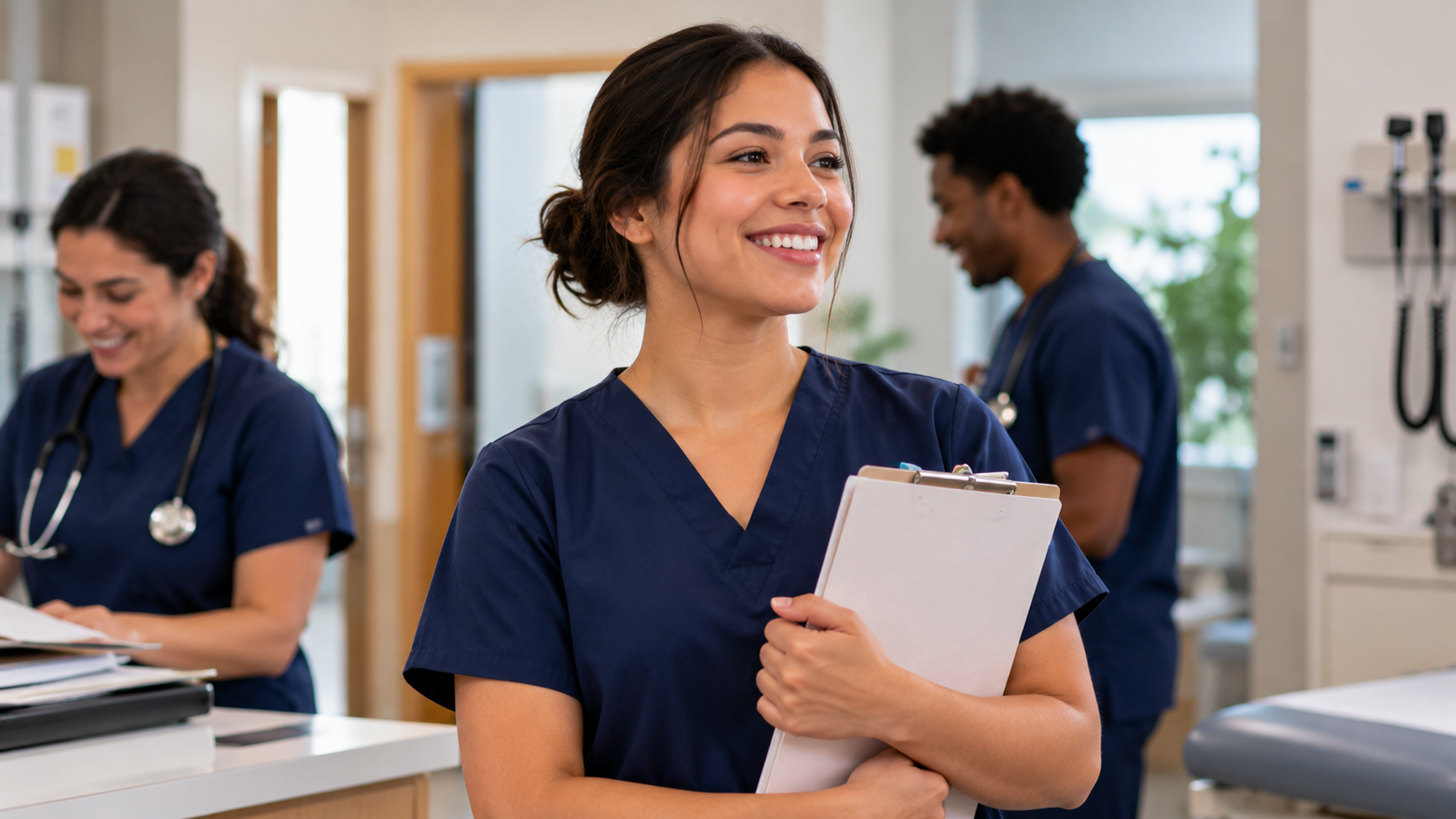 Healthcare workers in navy scrubs at a clinic, trained through allied health certification programs.