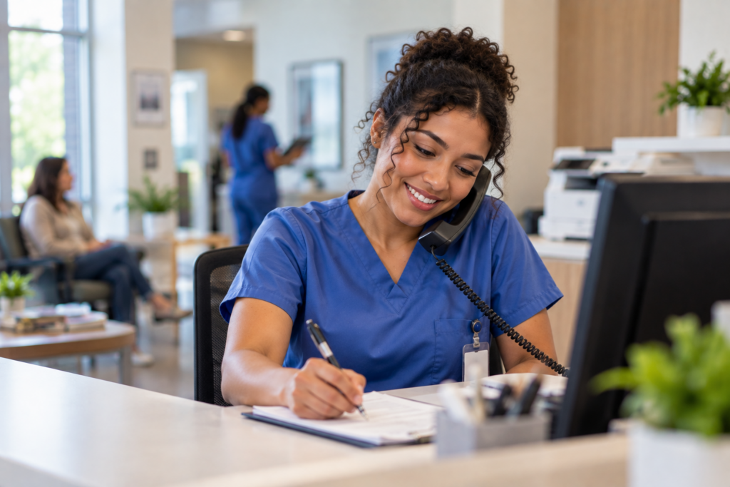 Medical assistant job outlook featuring a medical assistant working at the front desk of a healthcare clinic.