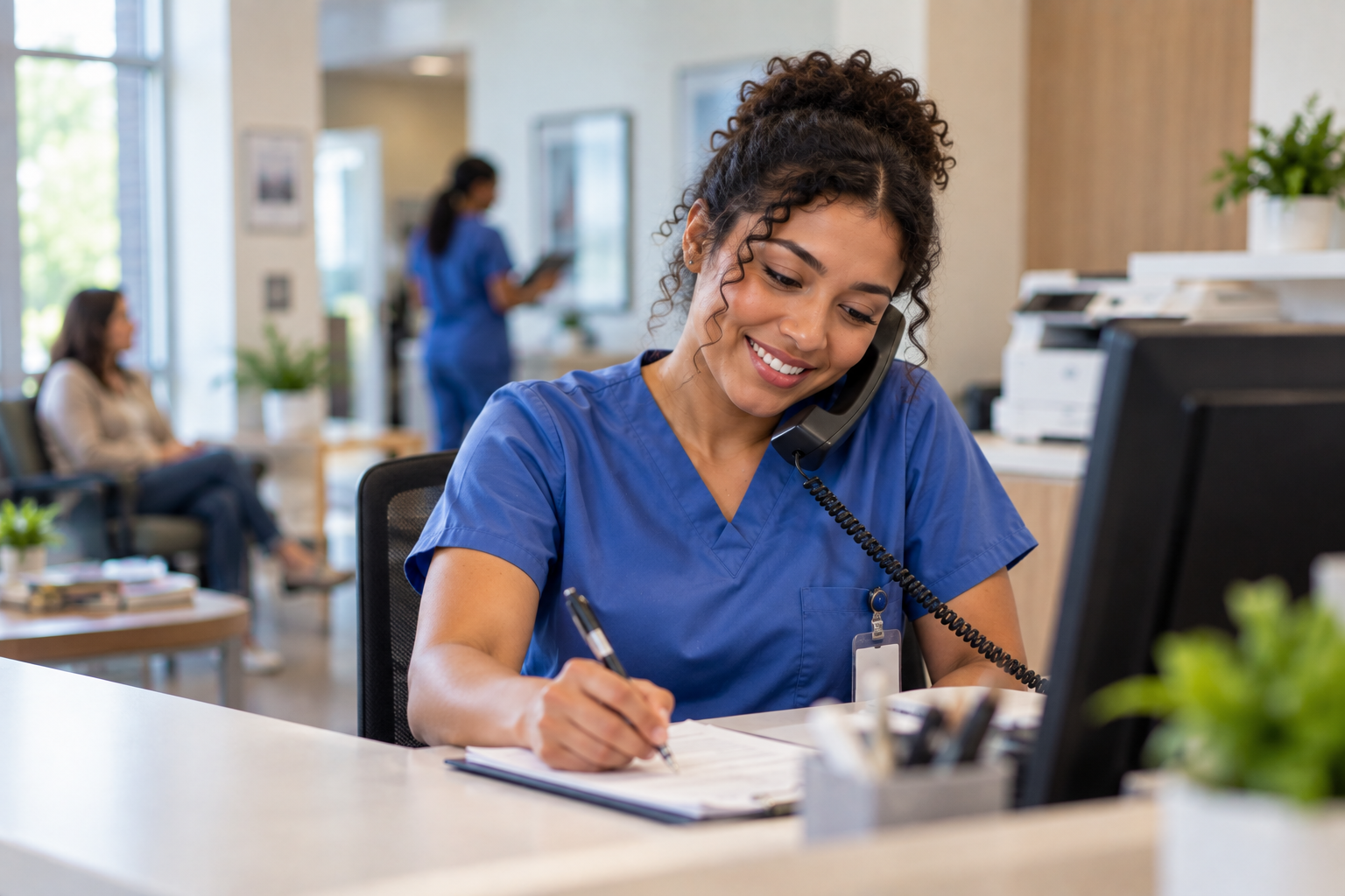Medical assistant job outlook featuring a medical assistant working at the front desk of a healthcare clinic.