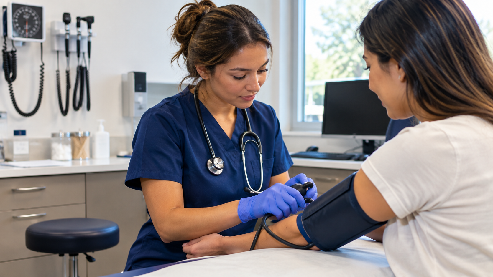 Medical assistant classes preparing students for patient care skills, including taking vital signs in a clinical setting.