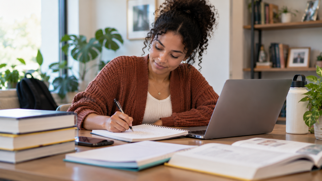 Student researching medical assistant program cost while completing online healthcare training at home.